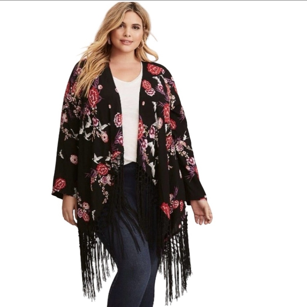 Torrid Floral Fringe Kimono Duster 2X Black Pink Boho - Picture 1 of 13
